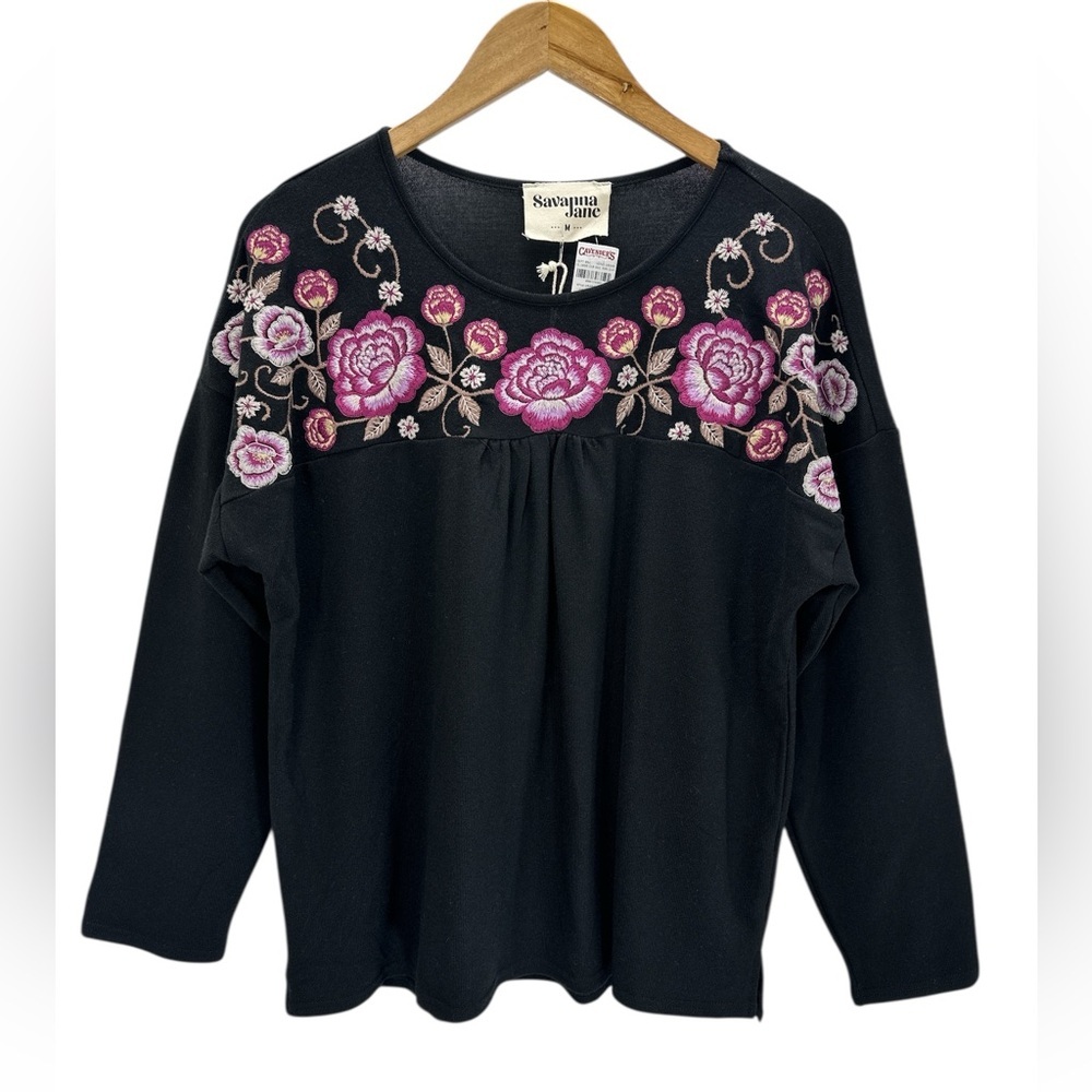 Savanna Jane Black Floral Embroidered Boho Western Peasant Long Sleeve Top M
